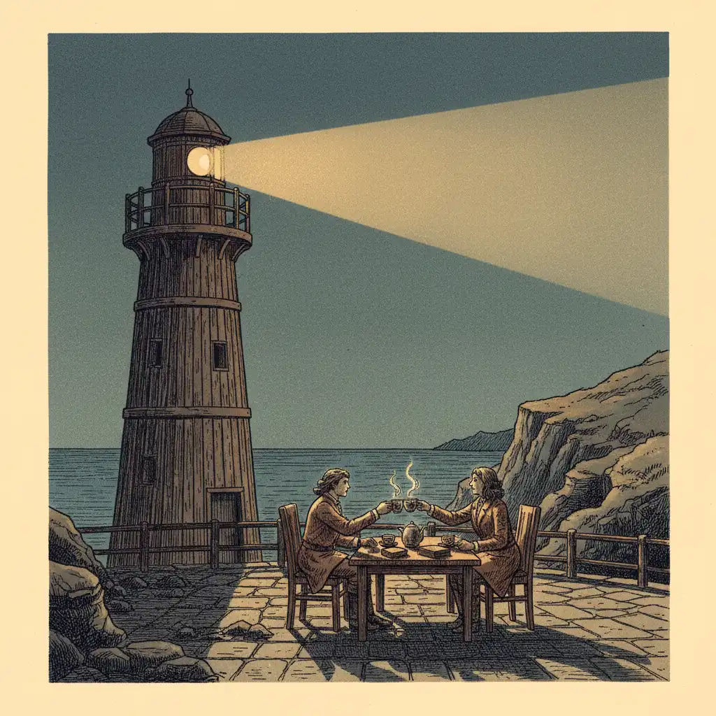 Night watchtower illuminating two people offering tea across a wooden table